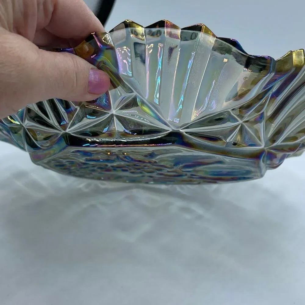 Vintage Federal Glass Pioneer Smoke Iridescent Carnival glass ruffled bowl.